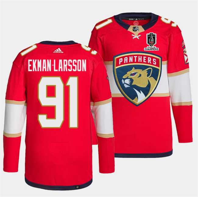 Mens Florida Panthers #91 Oliver Ekman-Larsson Red Home 2024 Stanley Cup Champions Stitched Jersey Dzhi